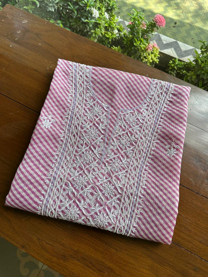 Mauve Pink Kota Lehriya Print Chikankari Unstitched Women's Kurta Fabric
