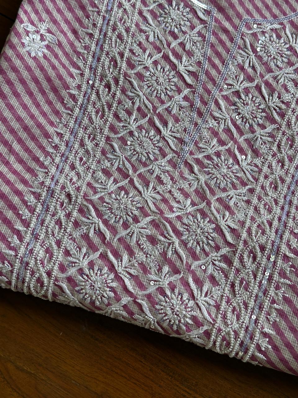 Mauve Pink Kota Lehriya Print Chikankari Unstitched Women's Kurta Fabric