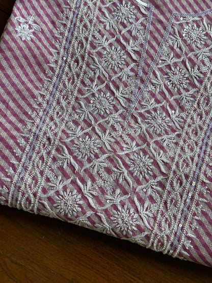 Mauve Pink Kota Lehriya Print Chikankari Unstitched Women's Kurta Fabric