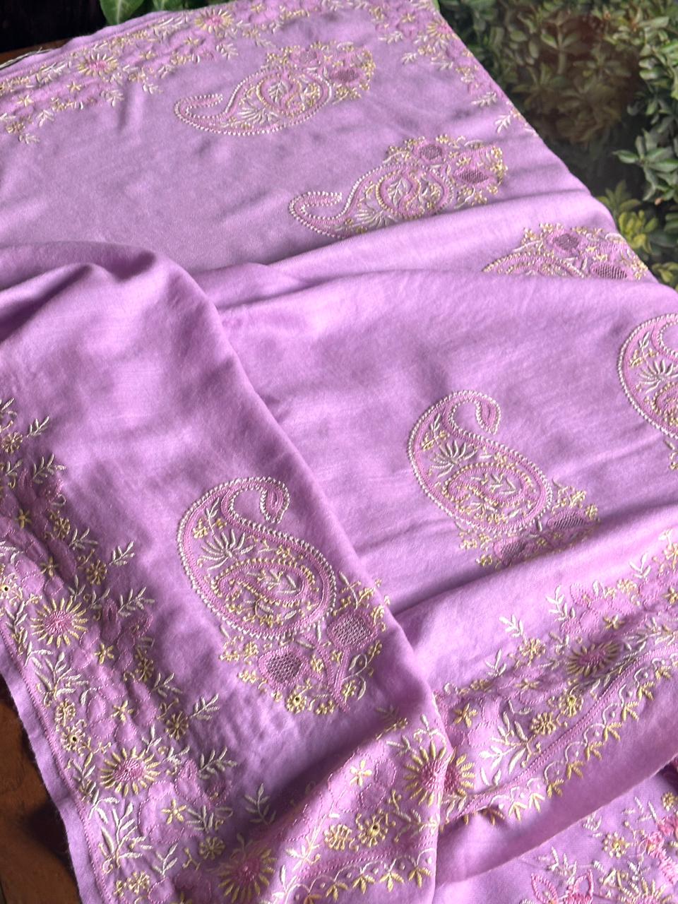 Mauve Pink Shade Saman Pashmina Fine Chikankari Shawl