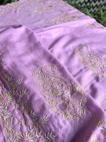 Mauve Pink Shade Saman Pashmina Fine Chikankari Shawl