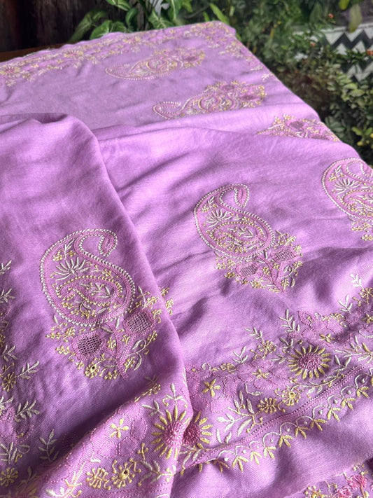 Mauve Pink Shade Saman Pashmina Fine Chikankari Shawl