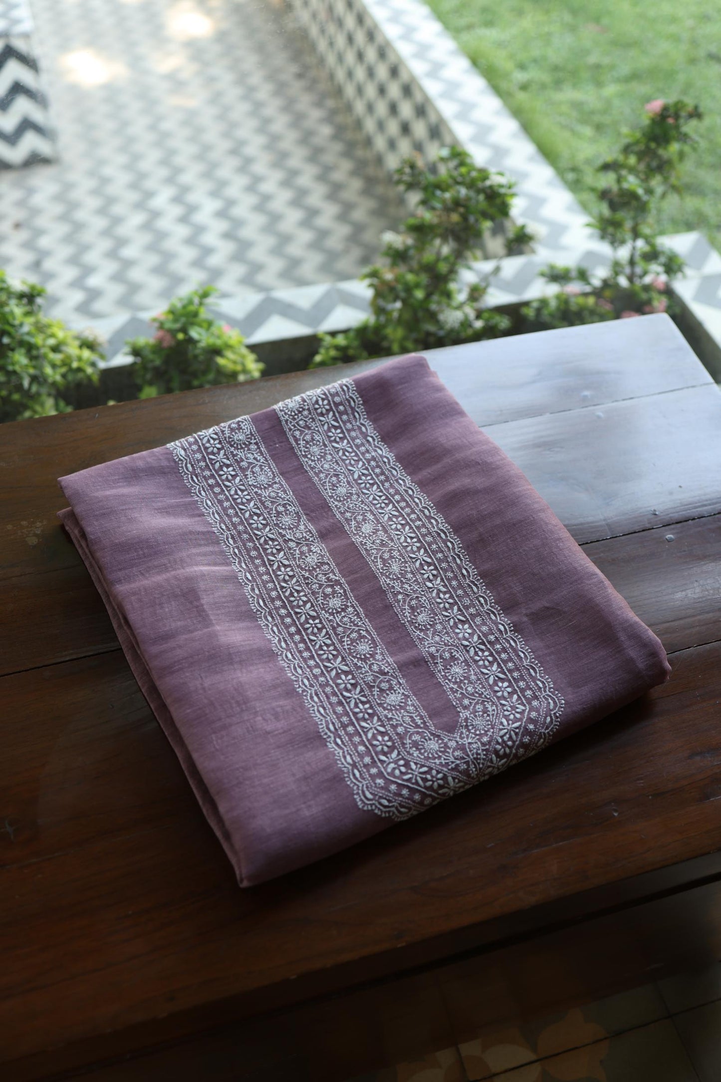 Mauve Shade Linen Chikankari Unstitched Men's Kurtas Fabric