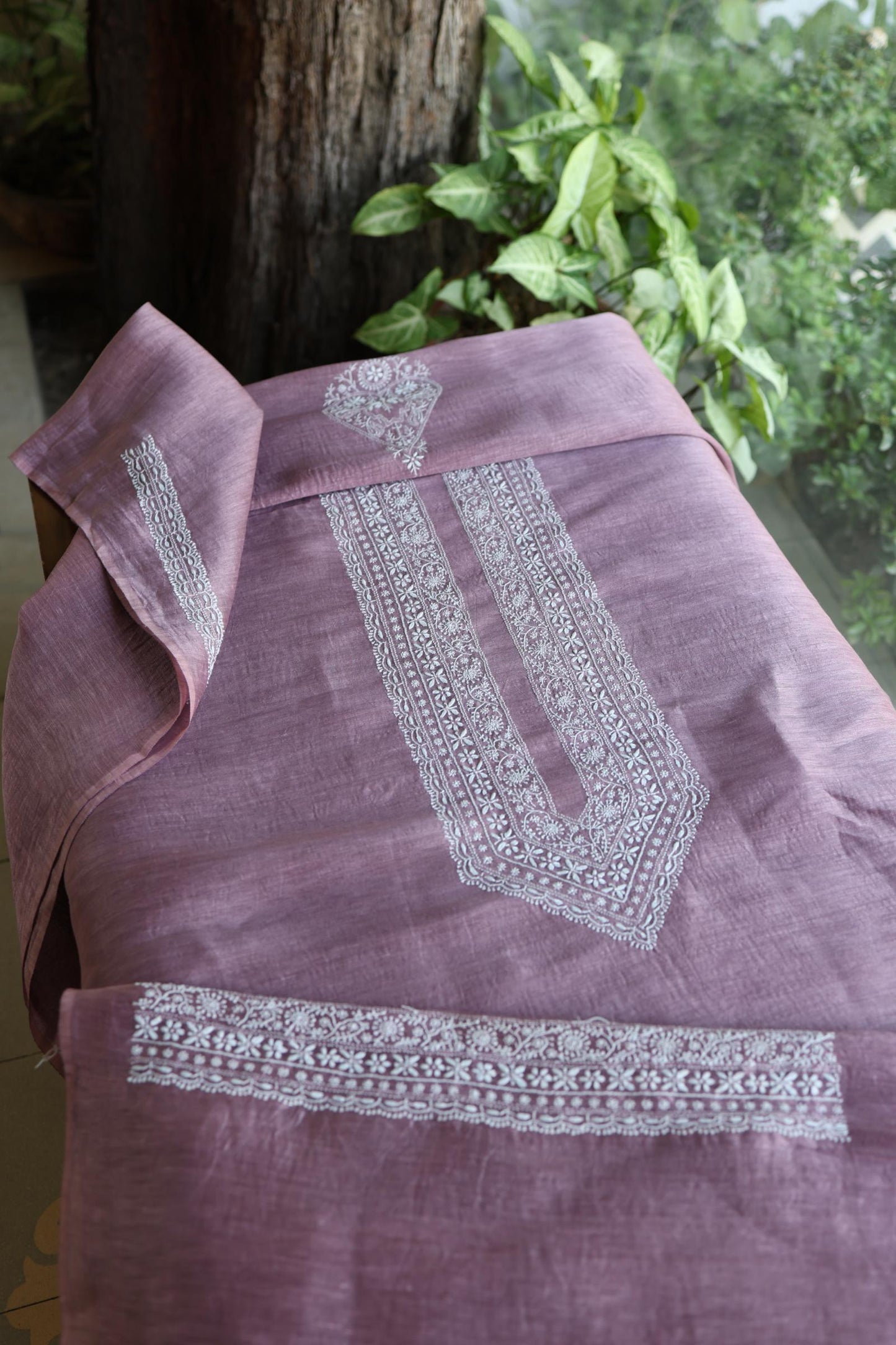 Mauve Shade Linen Chikankari Unstitched Men's Kurtas Fabric