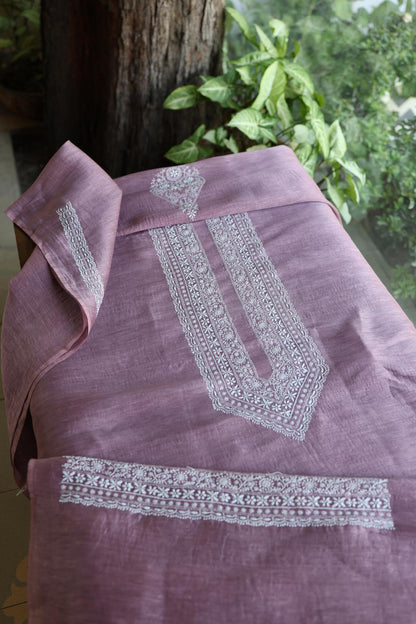 Mauve Shade Linen Chikankari Unstitched Men's Kurtas Fabric