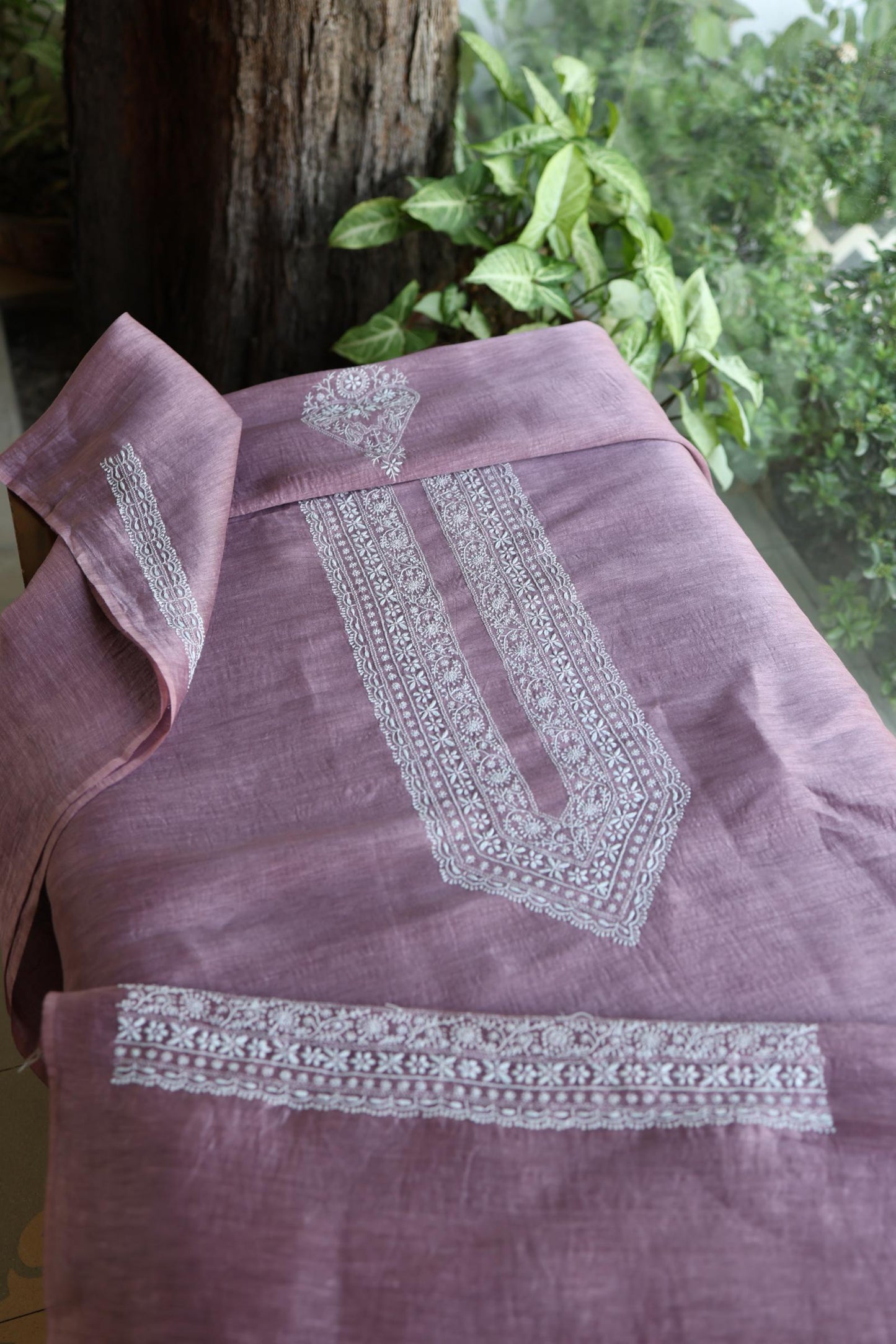 Mauve Shade Linen Chikankari Unstitched Men's Kurtas Fabric