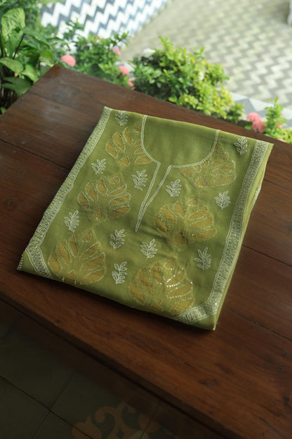 Mehndi Green Daraz Chanderi Chikankari Kurta Fabric