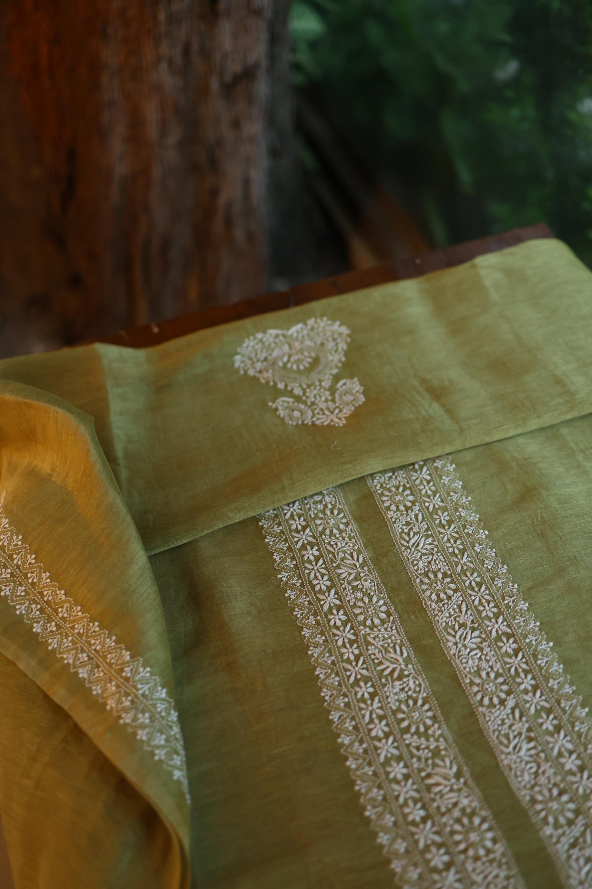 Mehndi Green Linen Chikankari Unstitched Men's Kurta Fabric