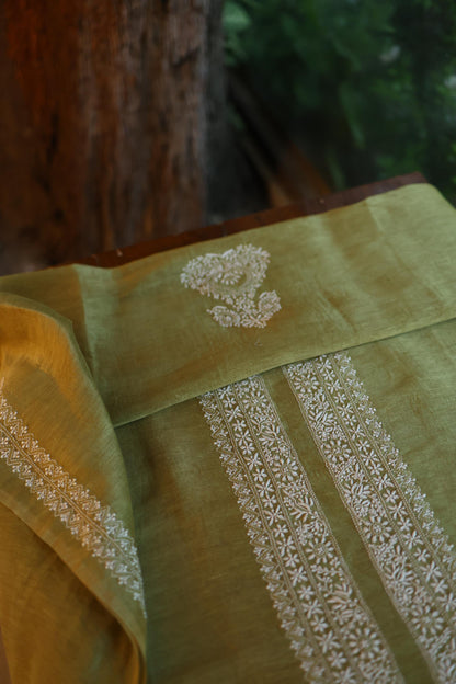 Mehndi Green Linen Chikankari Unstitched Men's Kurta Fabric
