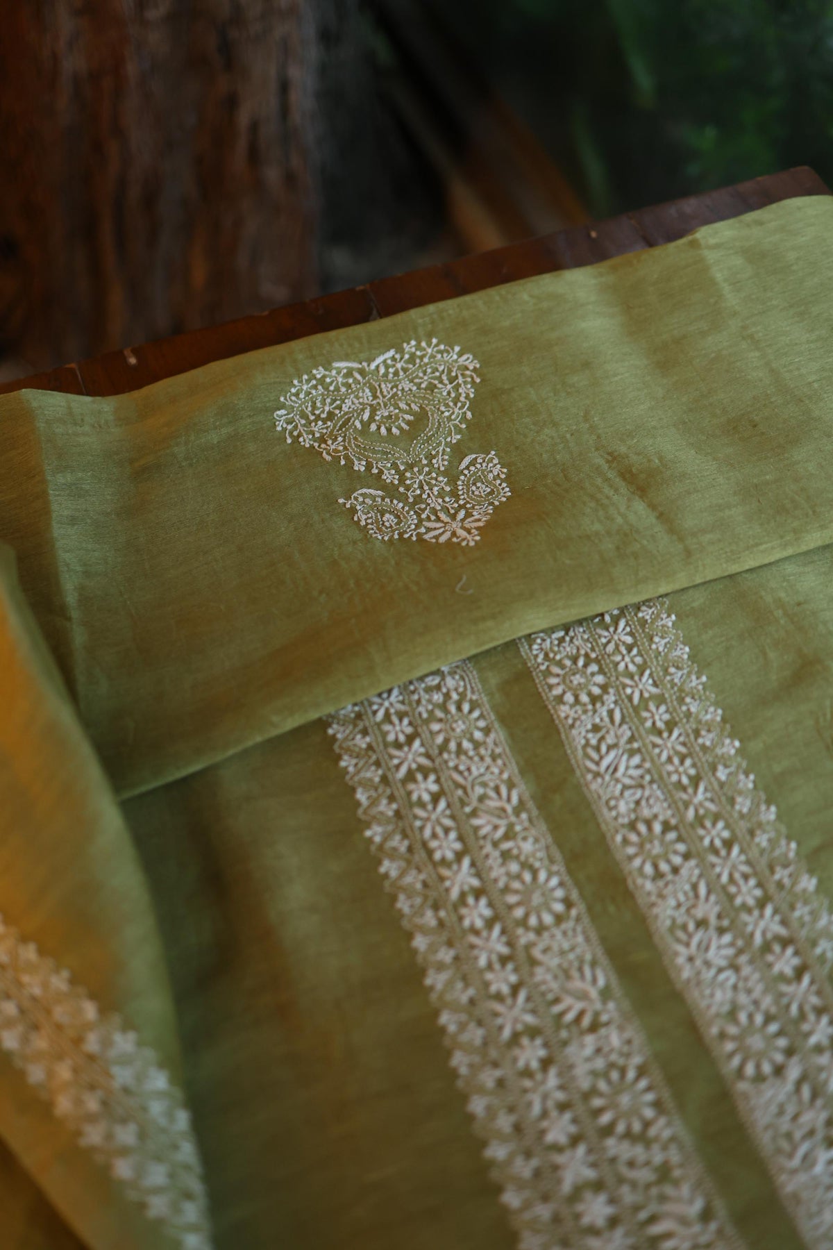 Mehndi Green Linen Chikankari Unstitched Men's Kurta Fabric