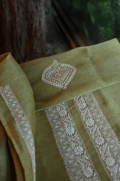 Mehndi Green Linen Chikankari Unstitched Men's Kurta Fabric