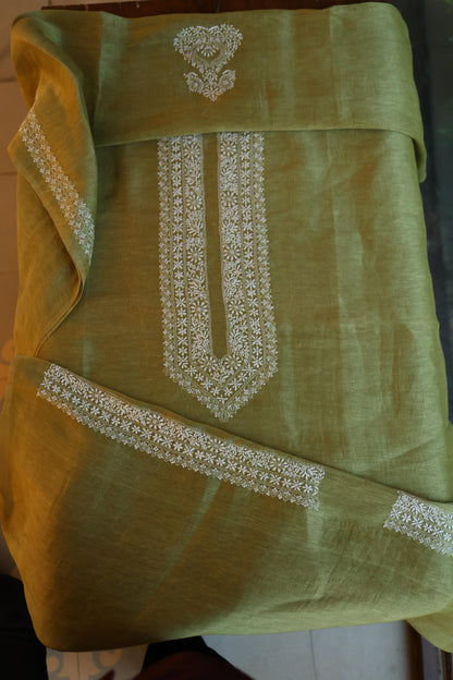 Mehndi Green Linen Chikankari Unstitched Men's Kurta Fabric