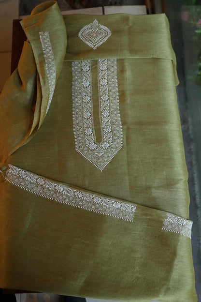 Mehndi Green Linen Chikankari Unstitched Men's Kurta Fabric