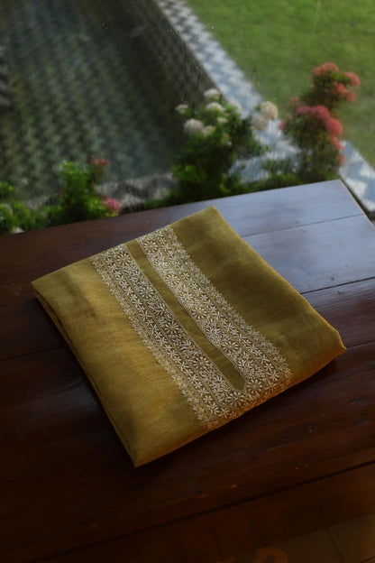 Mehndi Green Linen Chikankari Unstitched Men's Kurta Fabric