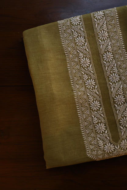 Mehndi Green Linen Chikankari Unstitched Men's Kurta Fabric