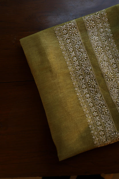 Mehndi Green Linen Chikankari Unstitched Men's Kurta Fabric