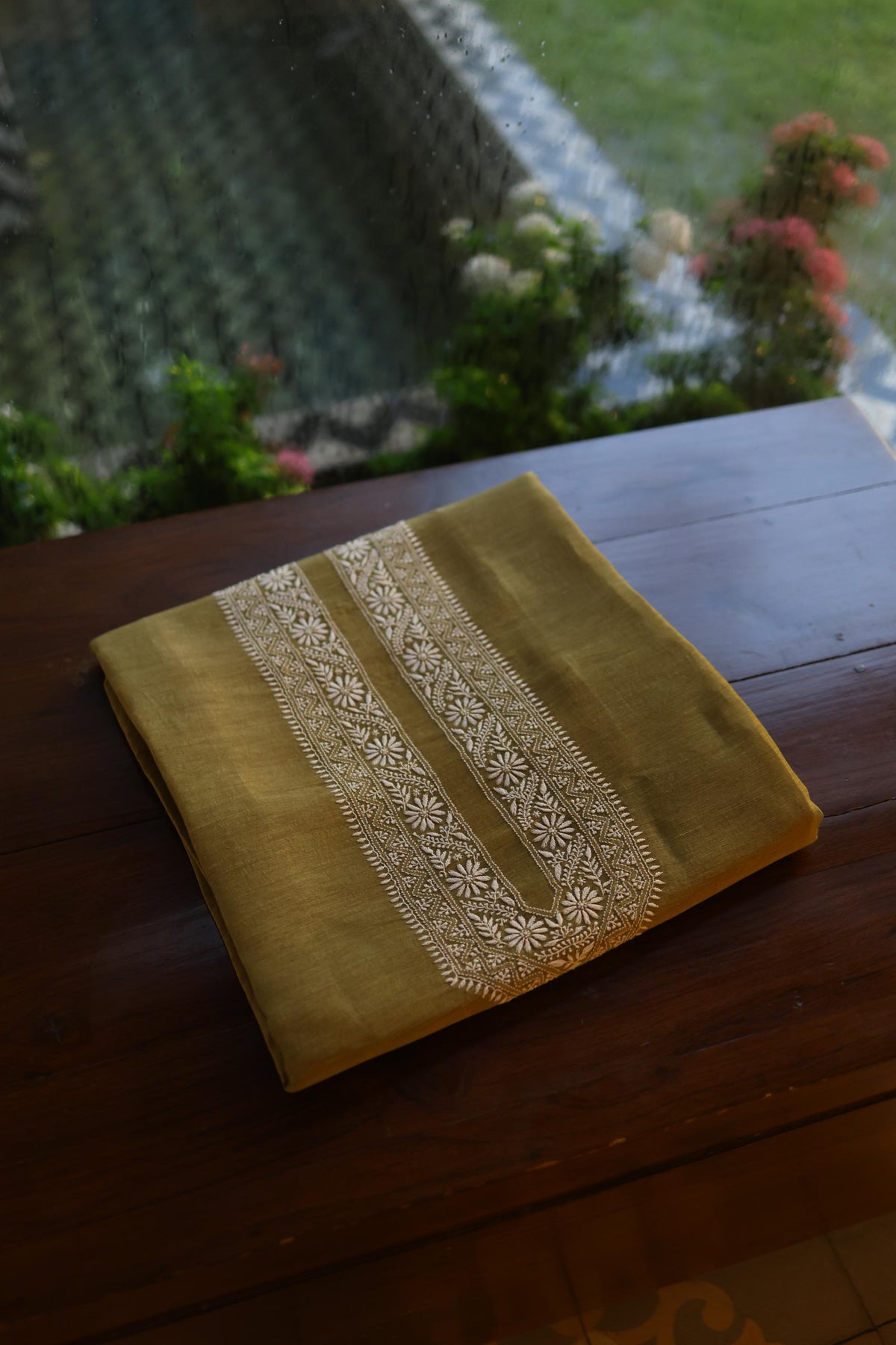 Mehndi Green Linen Chikankari Unstitched Men's Kurta Fabric