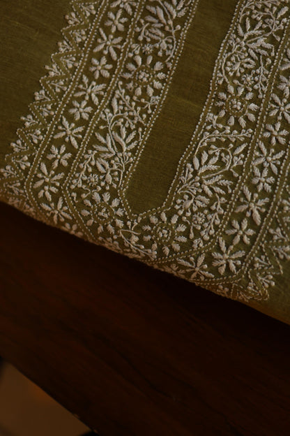 Mehndi Green Linen Chikankari Unstitched Men's Kurta Fabric