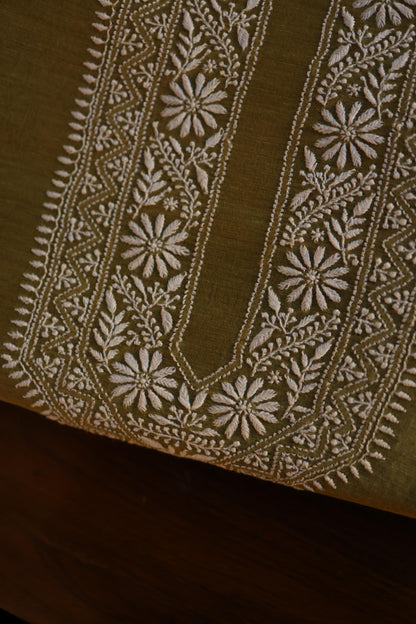 Mehndi Green Linen Chikankari Unstitched Men's Kurta Fabric