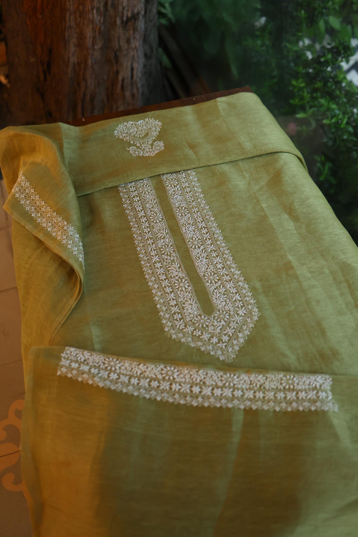Mehndi Green Linen Chikankari Unstitched Men's Kurta Fabric