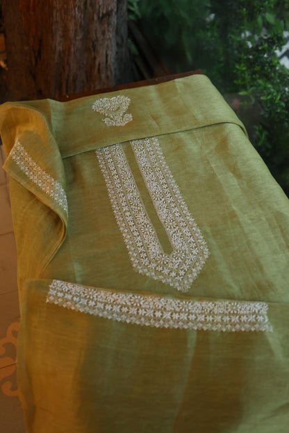 Mehndi Green Linen Chikankari Unstitched Men's Kurta Fabric