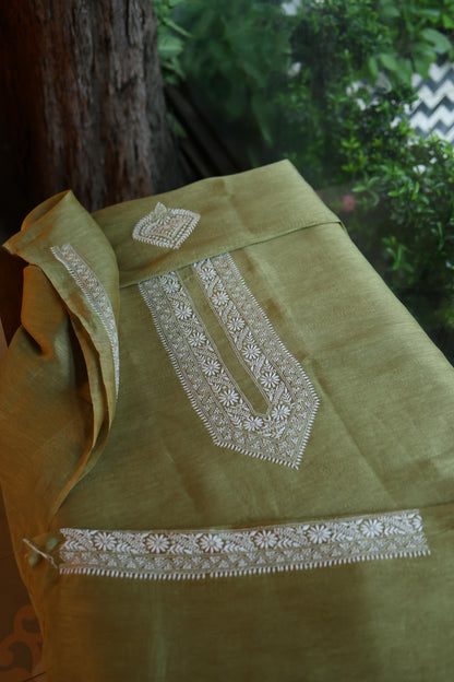 Mehndi Green Linen Chikankari Unstitched Men's Kurta Fabric