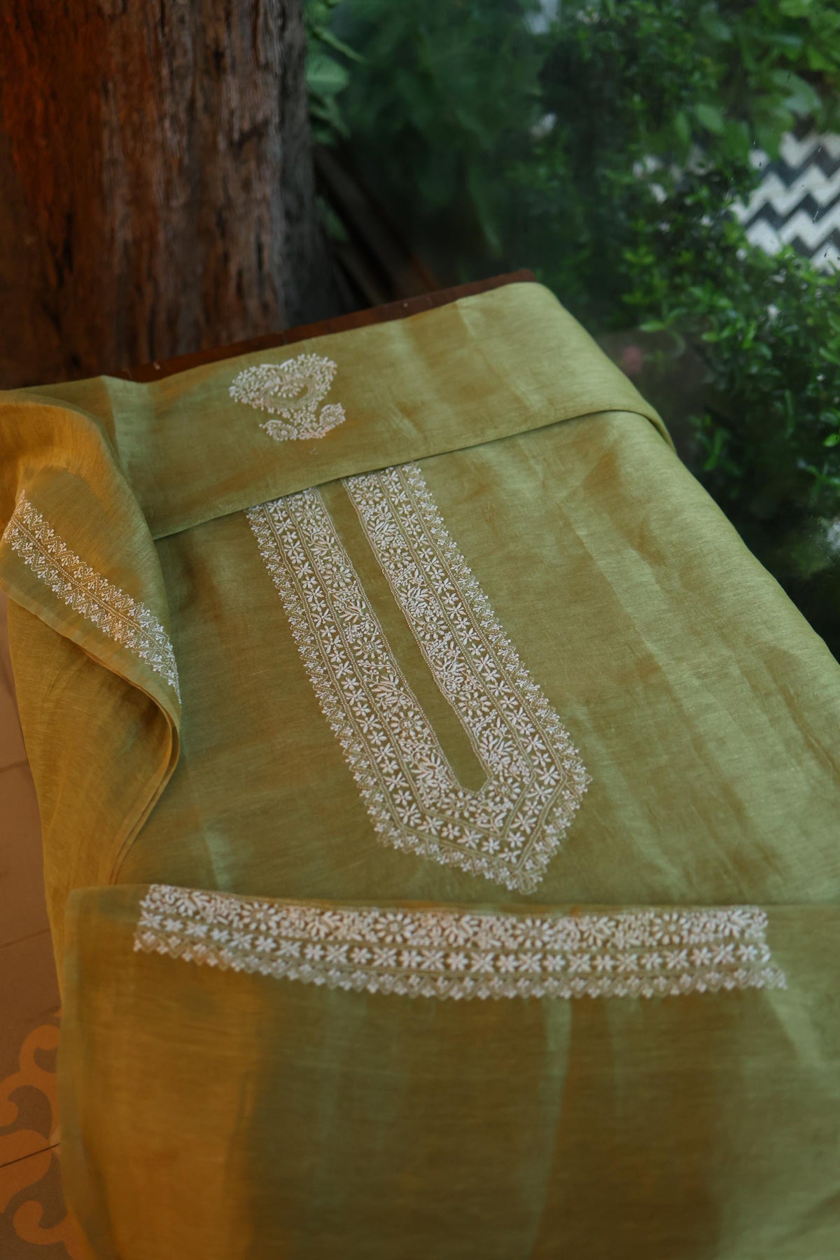 Mehndi Green Linen Chikankari Unstitched Men's Kurta Fabric