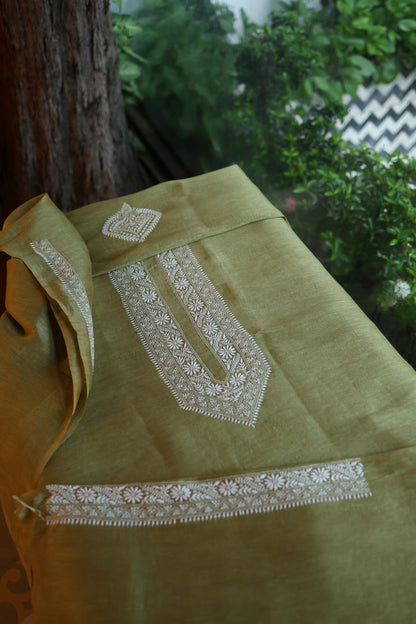 Mehndi Green Linen Chikankari Unstitched Men's Kurta Fabric
