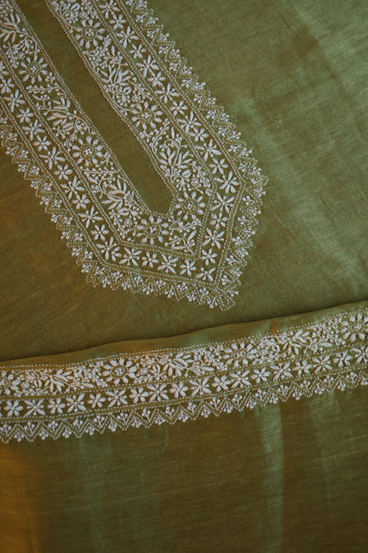 Mehndi Green Linen Chikankari Unstitched Men's Kurta Fabric