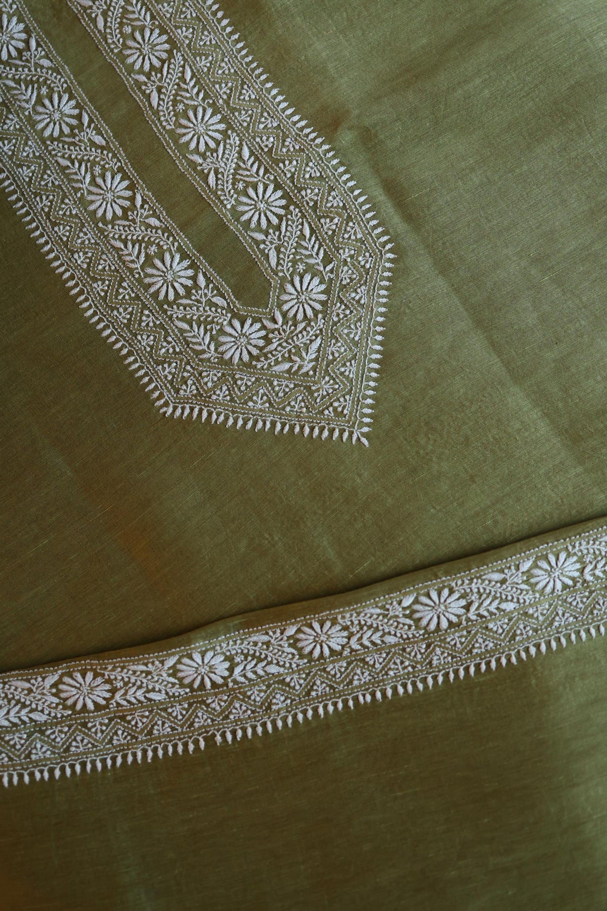 Mehndi Green Linen Chikankari Unstitched Men's Kurta Fabric