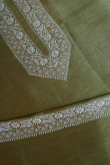 Mehndi Green Linen Chikankari Unstitched Men's Kurta Fabric