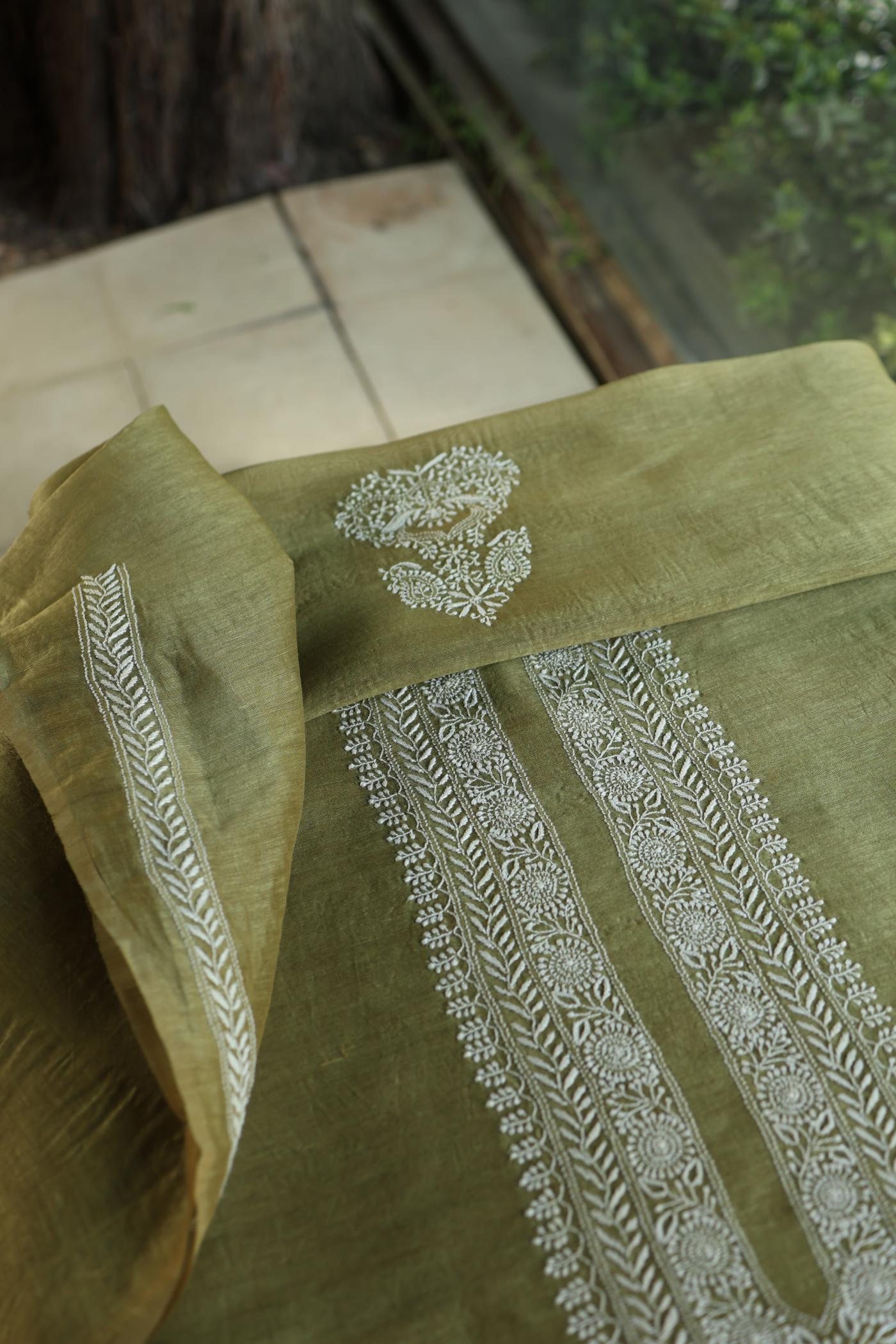 Mehndi Green Linen Chikankari Unstitched Men's Kurtas Fabric