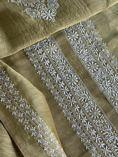 Mehndi Green Linen Chikankari Unstitched Men's Kurtas Fabric