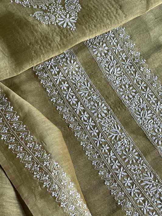 Mehndi Green Linen Chikankari Unstitched Men's Kurtas Fabric