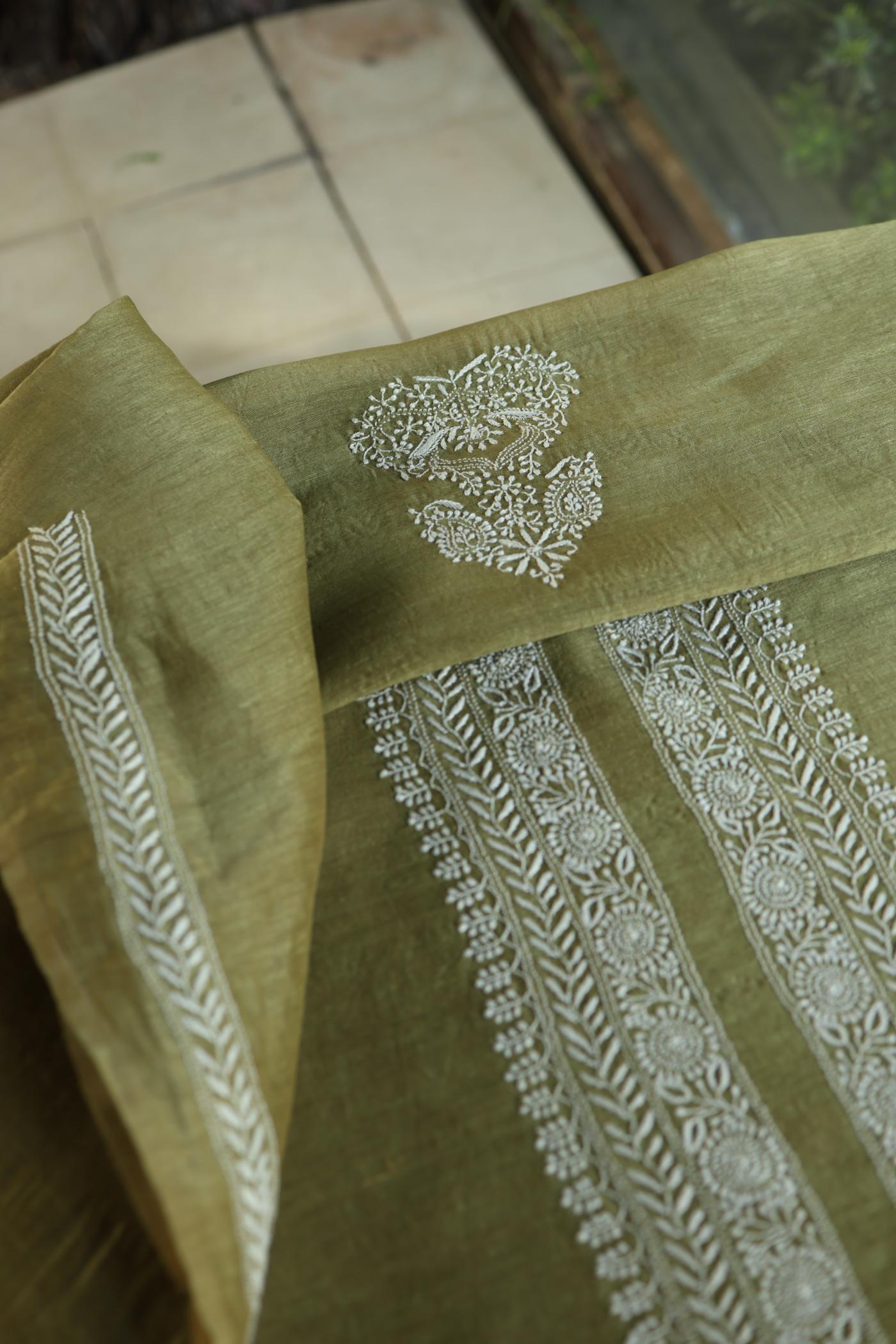 Mehndi Green Linen Chikankari Unstitched Men's Kurtas Fabric