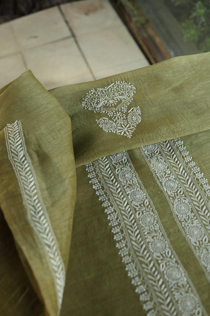 Mehndi Green Linen Chikankari Unstitched Men's Kurtas Fabric