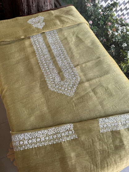 Mehndi Green Linen Chikankari Unstitched Men's Kurtas Fabric