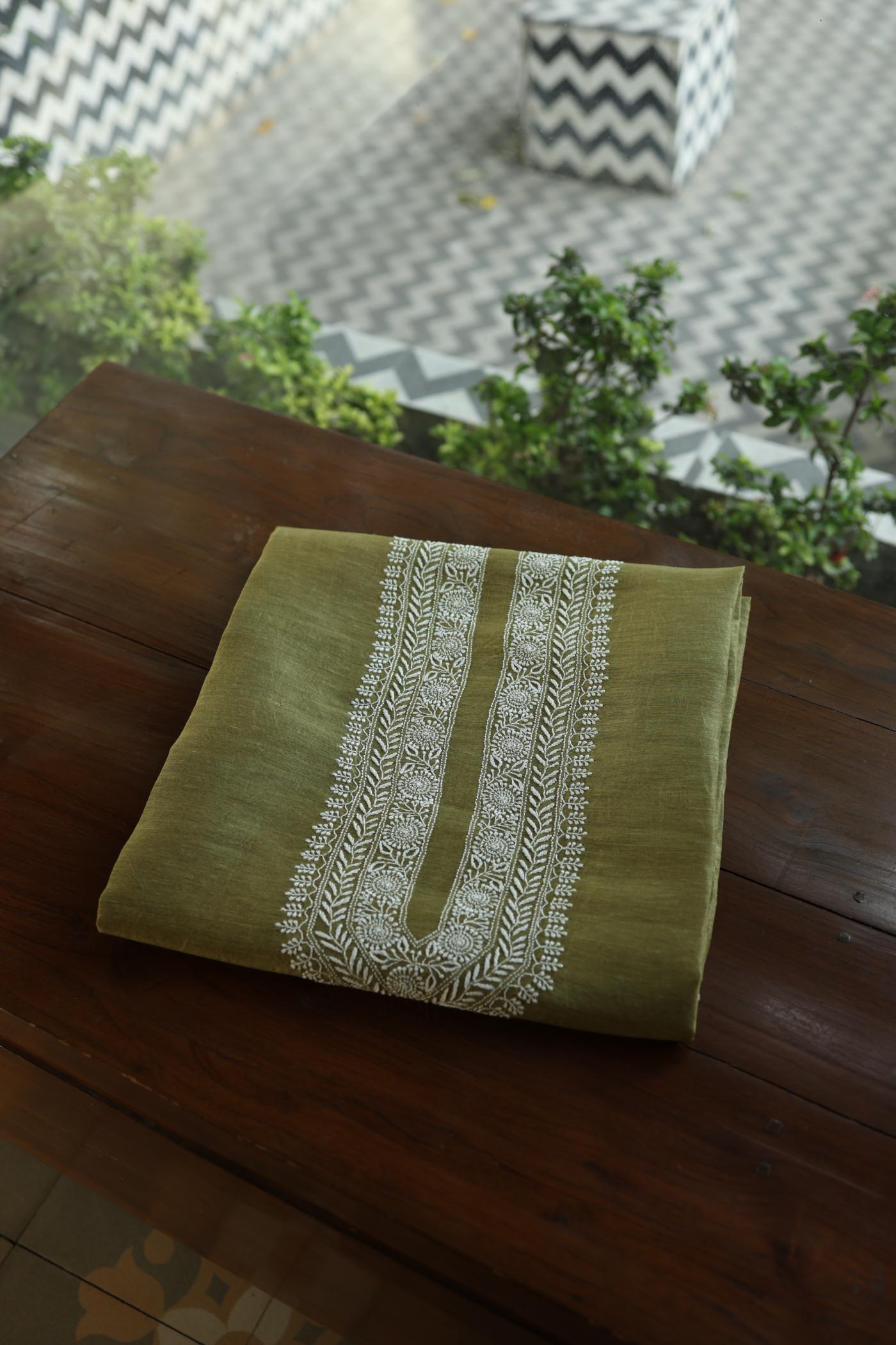 Mehndi Green Linen Chikankari Unstitched Men's Kurtas Fabric