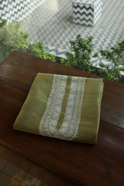 Mehndi Green Linen Chikankari Unstitched Men's Kurtas Fabric