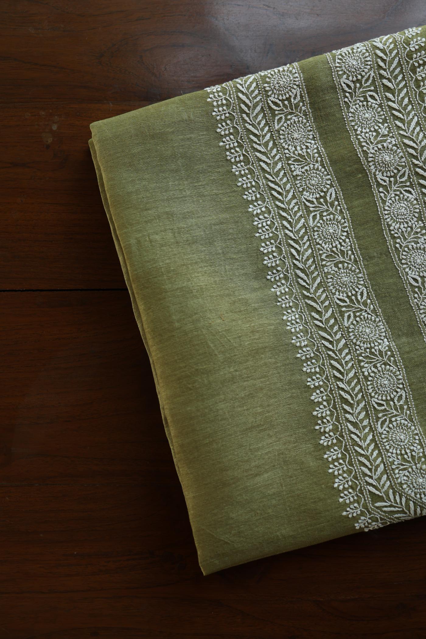 Mehndi Green Linen Chikankari Unstitched Men's Kurtas Fabric