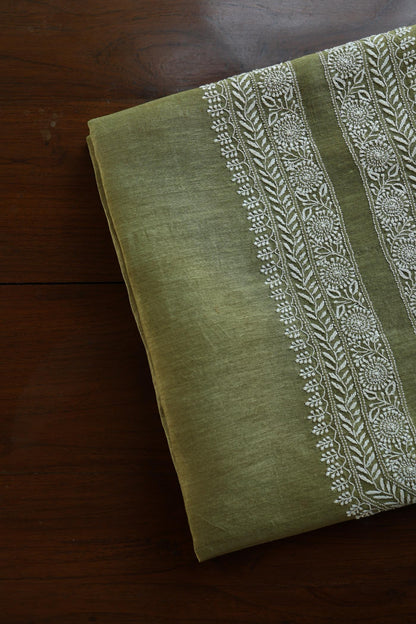 Mehndi Green Linen Chikankari Unstitched Men's Kurtas Fabric