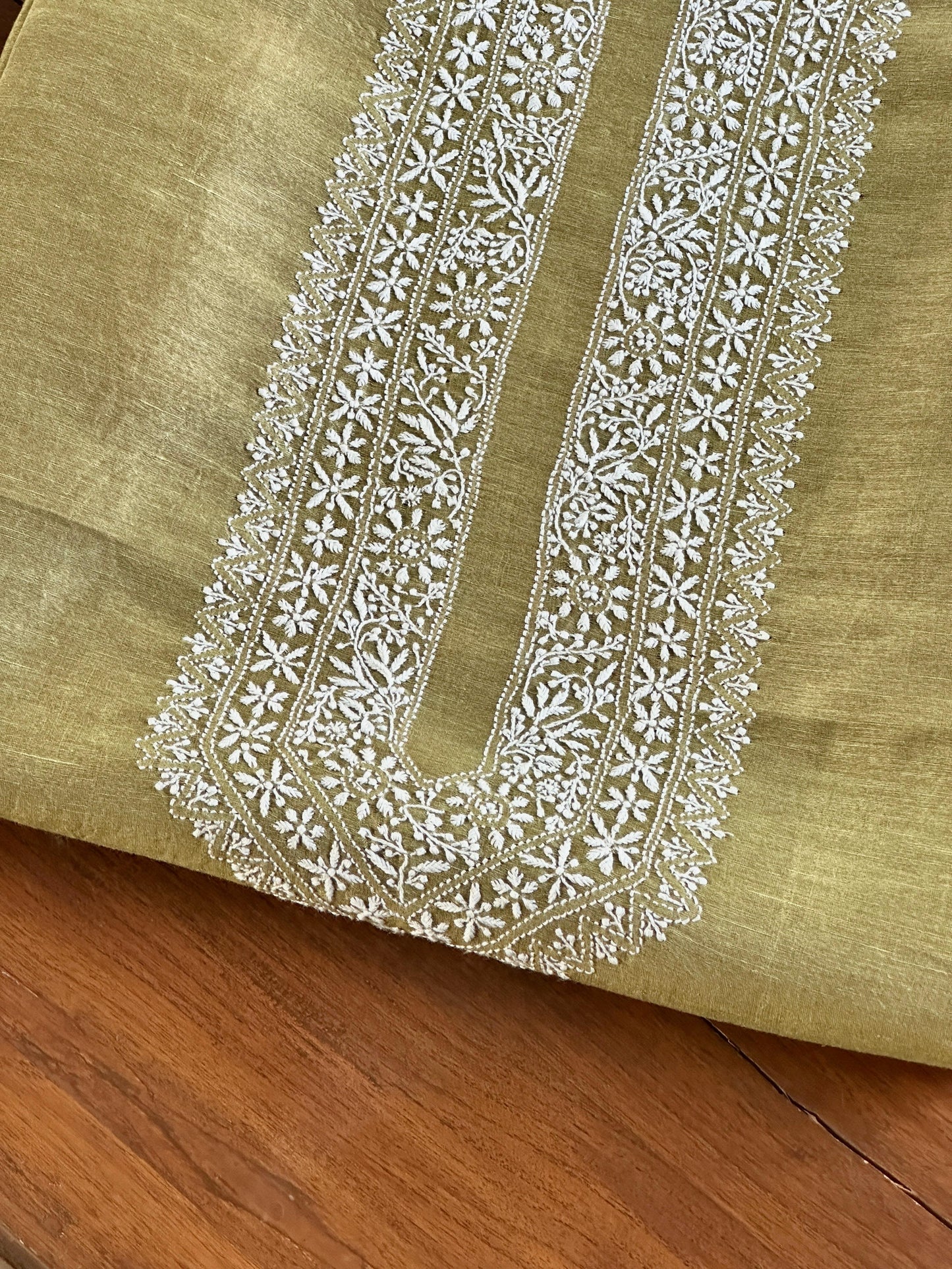 Mehndi Green Linen Chikankari Unstitched Men's Kurtas Fabric