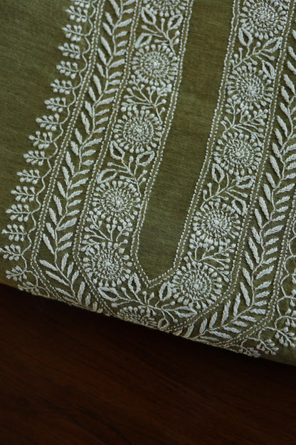 Mehndi Green Linen Chikankari Unstitched Men's Kurtas Fabric