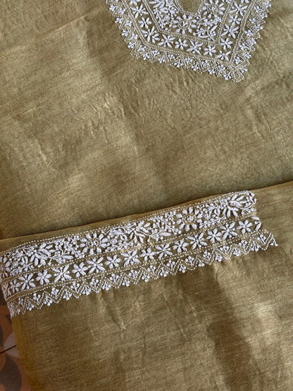 Mehndi Green Linen Chikankari Unstitched Men's Kurtas Fabric