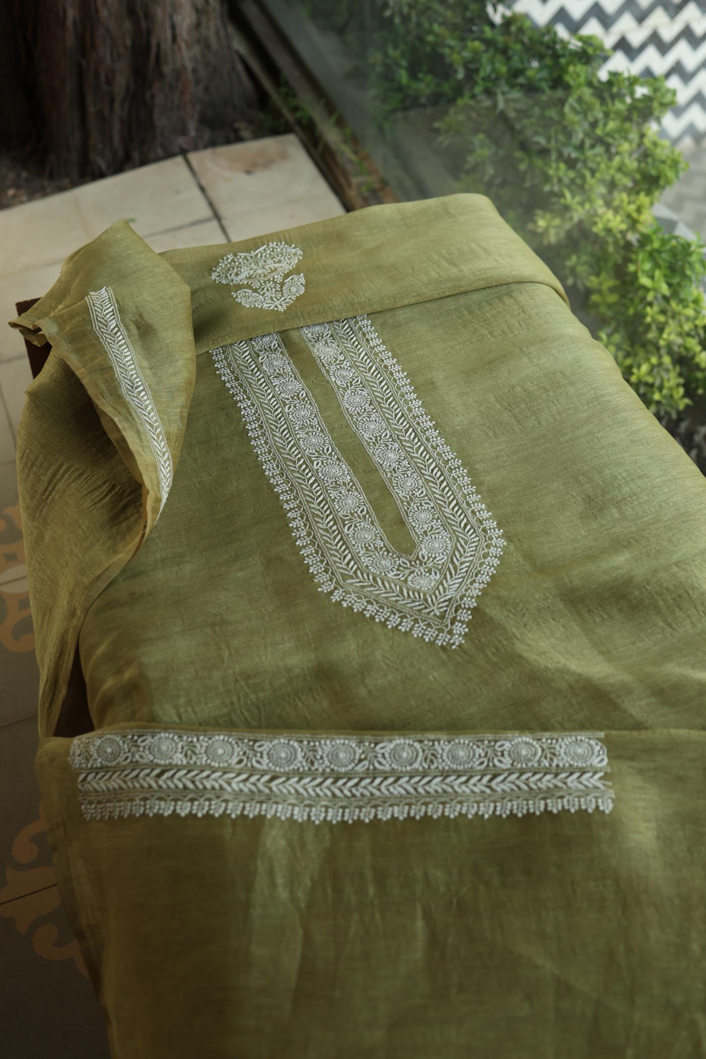 Mehndi Green Linen Chikankari Unstitched Men's Kurtas Fabric