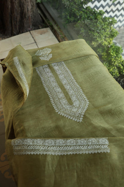 Mehndi Green Linen Chikankari Unstitched Men's Kurtas Fabric