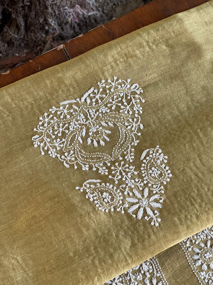 Mehndi Green Linen Chikankari Unstitched Men's Kurtas Fabric