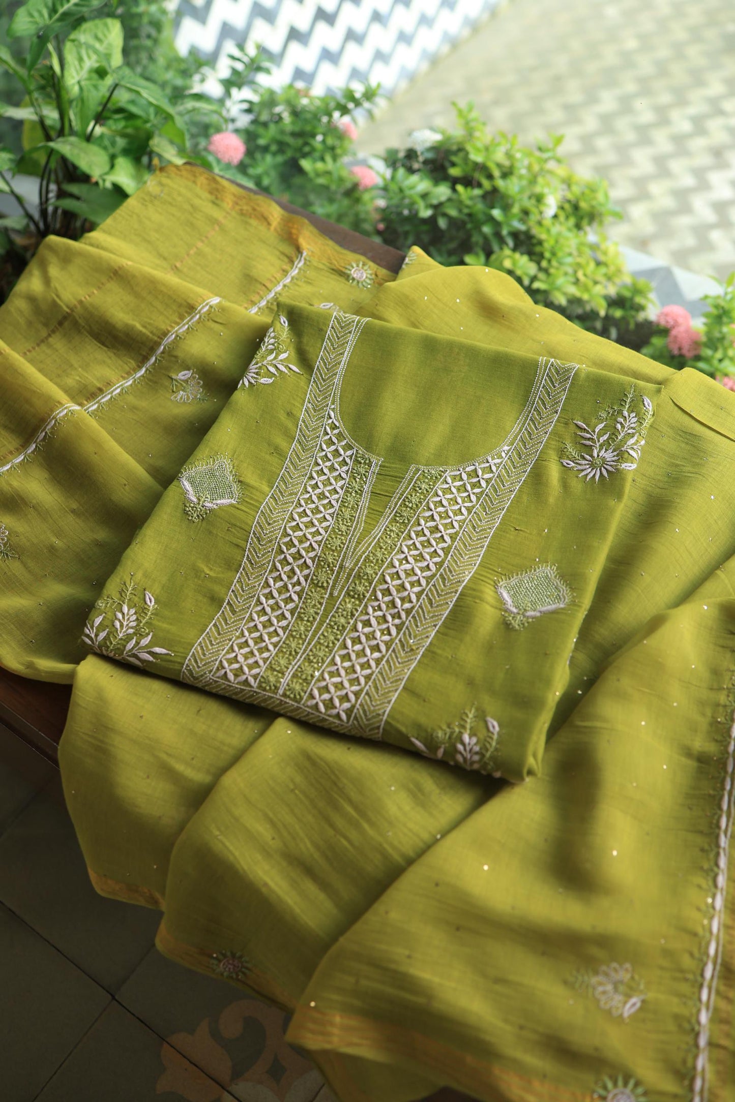 Mehndi Green Mal Cotton Fine Chikankari With Kamdani Work Unstitched Fabric