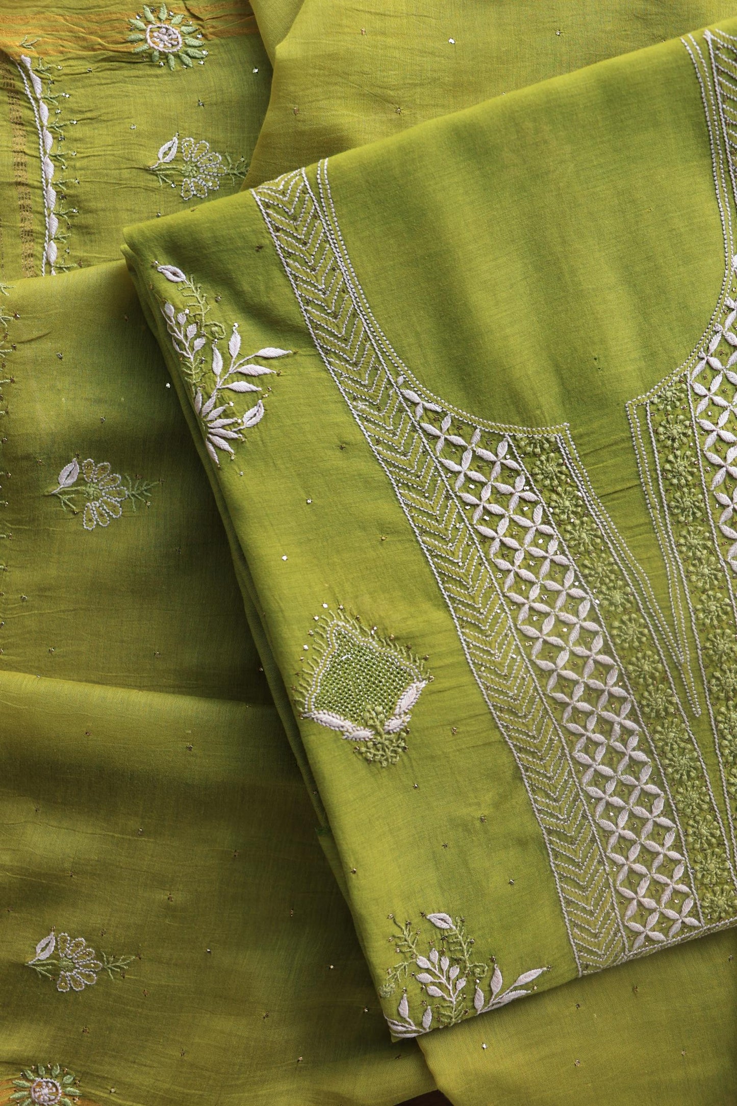 Mehndi Green Mal Cotton Fine Chikankari With Kamdani Work Unstitched Fabric
