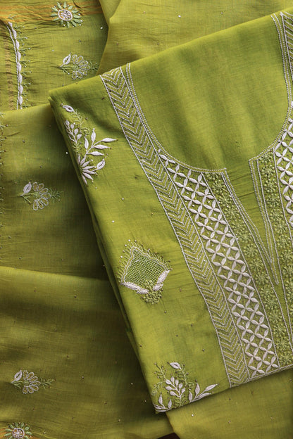 Mehndi Green Mal Cotton Fine Chikankari With Kamdani Work Unstitched Fabric